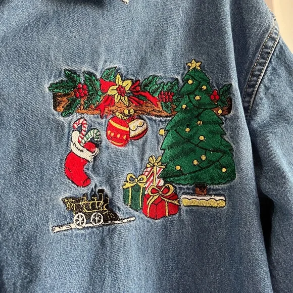 Vintage Christmas Embroidered Denim Button Down Shirt/Blouse L/XL - Picture 5 of 10